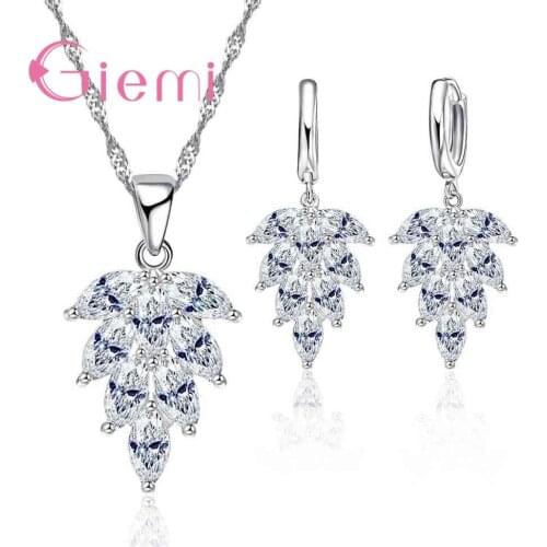 Free Ship Shiny Leaf Jewelry Cubic Zircon Set 925 Sterling Silver Pendant Necklace & Stud Earrings Sets for Women