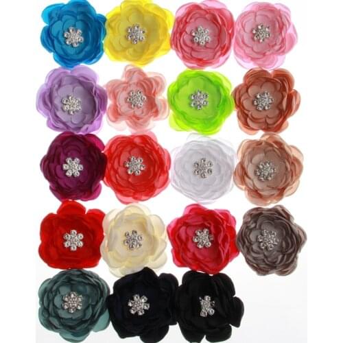 5PCS 9.5CM Soft Fabric Satin Hair Flowers With Rhinestone Embellishment For Headbands Chiffon Burn Fabric Flower For Hair Wear