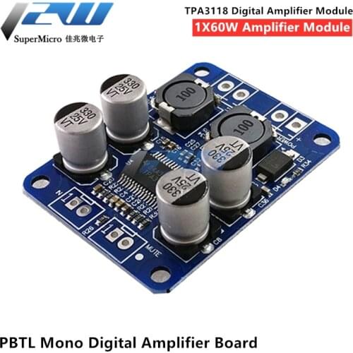 DC8-24V TPA3118 PBTL 60W Mono Digital Audio Amplifier Board, 1X60W Chip Module, 4-8 ohms, TPA3110 Replacement for Arduino