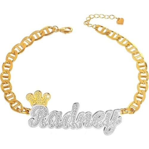 Custom Crown Two Tone Name Bracelet Personalized 3D Name Bracelet Double Layer Gold Plated Name Bangle For Women Jewelry Gift