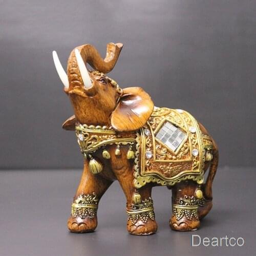 European Retro Lucky Feng Shui Carved Wood Grain Elephant Statue Sculpture Resin Figurine Wedding Gift Home Decoration Ornament