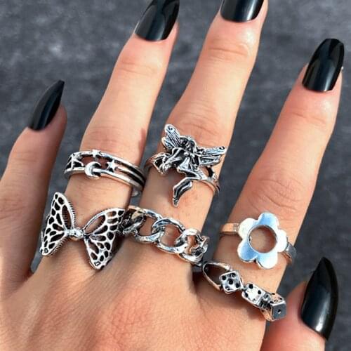 Punk Butterfly Finger Ring Set for Women Gothic Silver Color 6PCS Flower Dice Angel Wings Cupid Charms Rings Jewelry Anillos