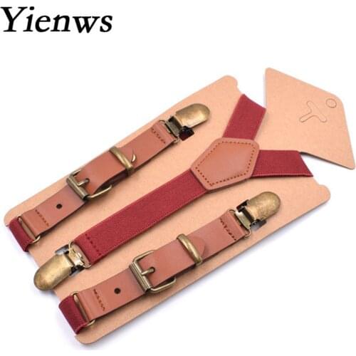 Yienws Leather Suspenders Men Vintage Pant Strap Braces for Man Brown Burgundy Adultes Tirantes Cuero Bretels 115cm YiA055