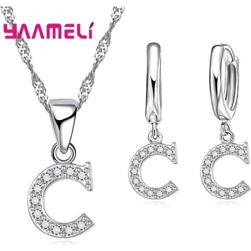 Hot Sale 925 Sterling Silver Shiny Zircons Paved 26 English Letters Pendant Necklace Earrings Jewelry Sets For Women Shipping