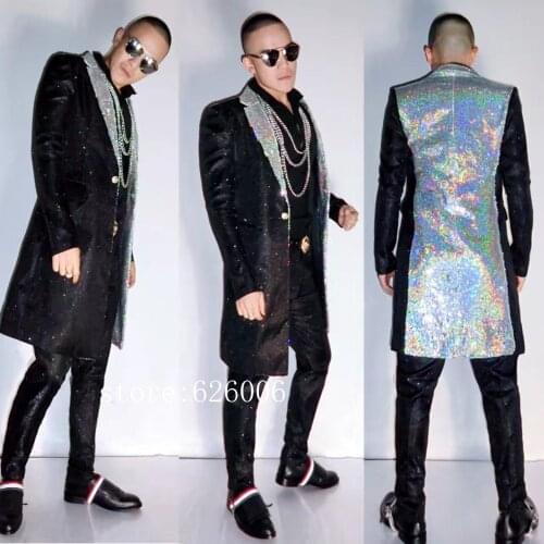 Nightclub DJ Male Singer Silver glitter long splicing jackets costumes Party show stage performance outwear mens fashion jacket