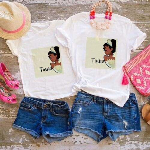 Disney Tiana Printed Aesthetic Cartoon Teens Girl T-shirts Fashion Princess Mom Tops Summer Brand Family Matching Clothes