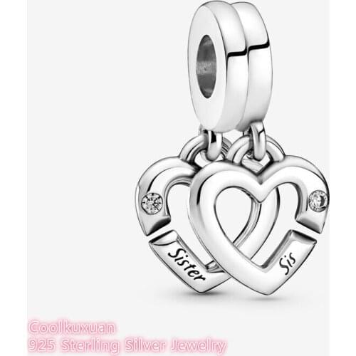 Original 925 Sterling Silver Linked Sister Hearts Split Dangle Charm beads Fits Pandora bracelets Jewelry Making 2021 Autumn