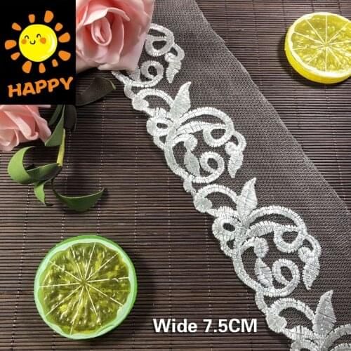 7.5CM Wide Luxury Tulle Mesh Fabric Silver Embroidery Cord Lace Fabric Ribbon For Dress Sewing Trimmings