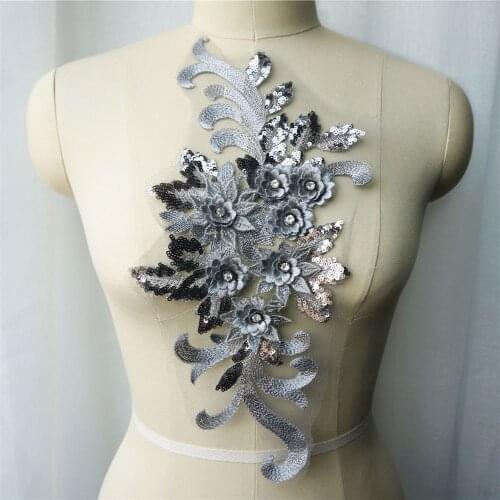 Grey Silver Lace Fabric Sequin 3D Flowers Rhinestone Tassel Wedding Gown Appliques Embroidered Sew Patch For Dress DIY Decor