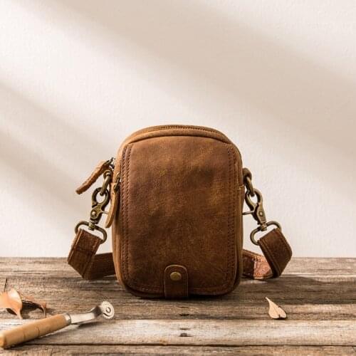 Retro Cowhide Men Shoulder Bag Genuine Leather Mobile Phone Pockets Male Handmade Mini Vintage Multifunctional Belt Bags