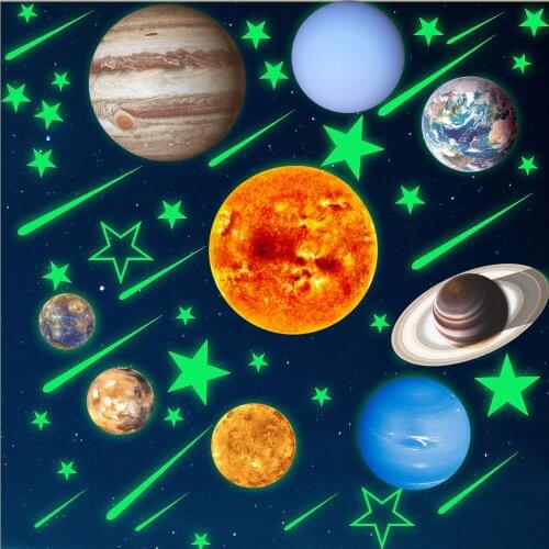 Luminous Moon Wall Sticker Nine Planets Solar System Star Meteor Fluorescent Sticker Home Decoration Wall Sticker for kids rooms