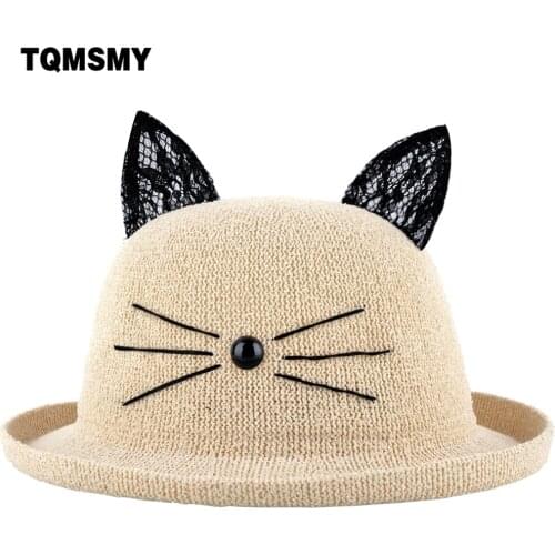 TQMSMY 2018 female cat Straw Hats women Summer lace cat Ear Decoration Lovely women Sun Hat Solid womens Floppy hats TMSC07