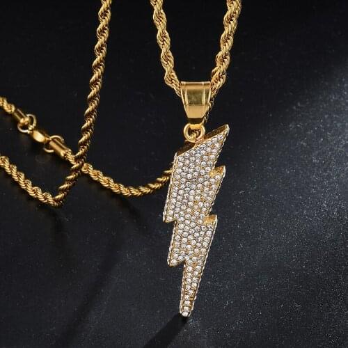 US7 Lightning Pendants For Men With Rope Chain Stainless Steel AAA Cubic Zircon Gold Silver Color Necklace Hip Hop Jewelry