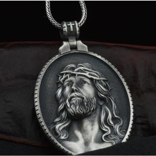 Christ Jesus Pure Tin Do Old Pendant Men Religion Catholic Necklace Vintage Commemorative Medallion Pendants Chain Necklaces