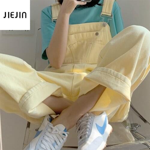 Elegance Solid Yellow Button Jumpsuit Women Jeans Bib Trousers Long Pants Dungarees Casual Daily Streetwear Loose Sleeveless