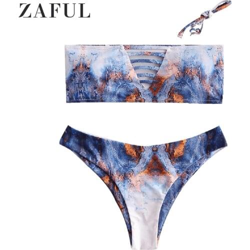 ZAFUL Ladder Cutout Bandeau Bikini Set Swimsuit Marble Print Women Fashion Biquini Swimwear Padded Strapless Sexy Bikinis