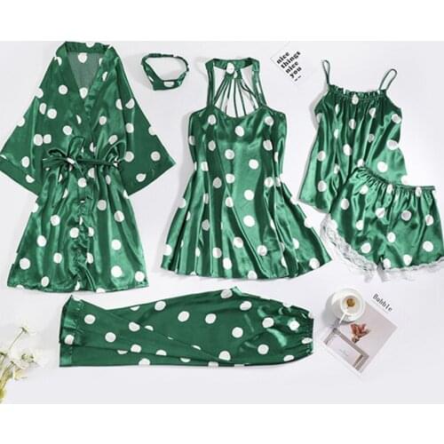 Daeyard Polka Dot Pajamas Sets For Women 6 Pieces Silk Pyjamas Spring Summer Sexy Robe Gown Set Cute Girls Sleepwear Homewear