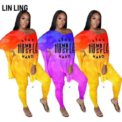 LINLING Women Letter Printing V-neck Tracksuit Tie Dye 2 Piece Sweatsuits Long Sleeve Jogging Suits Sports Outfit