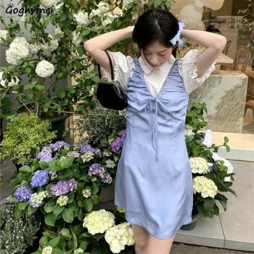 Sets Women Mini Sleeveless Dress Short Sleeve Tops Two Piece Set Fashion All-match Elegant Female Summer V-neck Sweet Harajuku