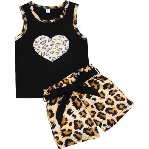 2021 Fashion 2-7Y Toddler Baby Girl Sumemr Clothing Leopard Heart Vest Sleeveless TOp+Leopard Shorts With Belt 3Ppcs