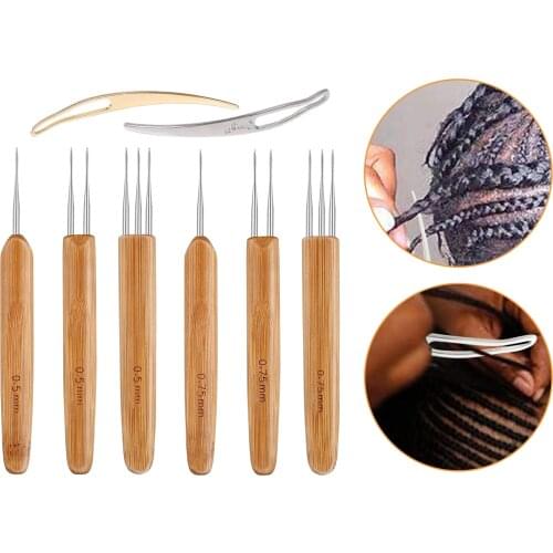 8Pcs/Set Professional Dreadlock Crochet Bamboo Handle Hook 0.5mm 0.75mm 1-Hook 2-Hooks 3-Hooks Needle For Dreads Lock Needle