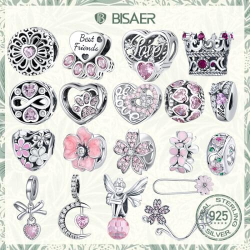 BISAER 925 Sterling Silver Love Heart Bloosom Charms Pink Color Charms Fit Pandora Original Bracelets DIY Jewelry Making