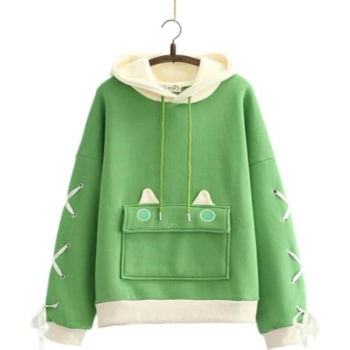 Fleece Womens Sweatshirt Cartoon Embroidery Criss Cross Lace Up Hoodies Long Sleeve Hooded Pullover 2020 Winter Clothes