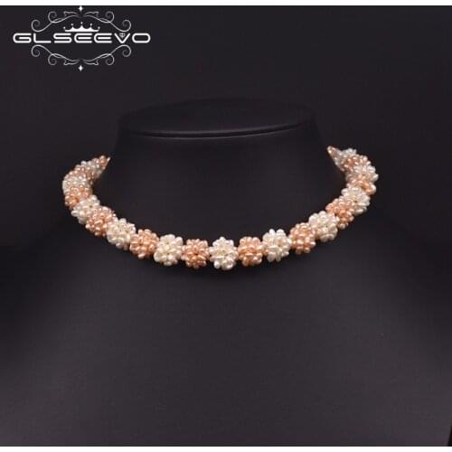 GLSEEVO Natural Pink White Small Pearl Flower Collar Romantic Fashion Choker Necklace For Women Party Statement Jewelry GN0240