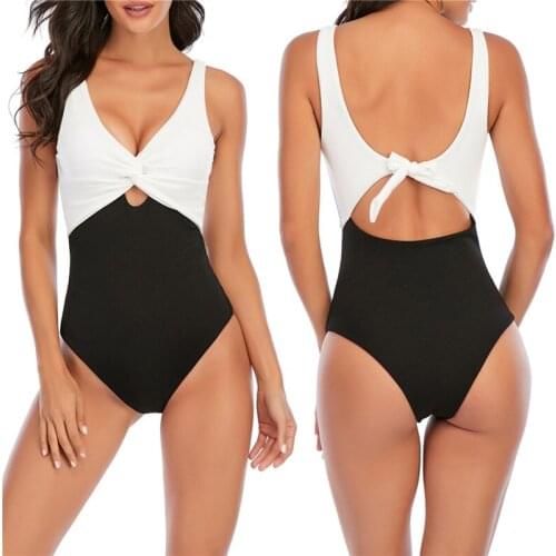 Summer Women Sexy Patwork One-piece Swimsuit Classic Sleeveless V Neck Swimwear Backless High Waist Banch Wear Bathing Suit