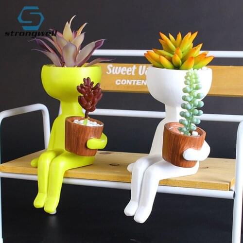 Strongwell Resin Cute Doll Succulent Flower Pots Home Garden Decoration Accessories Green Plants Flowerpot Desktop Decor Gifts