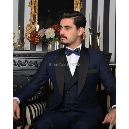 Costume Mariage Homme 2018 Navy Blue 3 Pieces Set Shawl Lapel Double Breasted Vest Formal Groomsman Suit Wedding Suits For Men