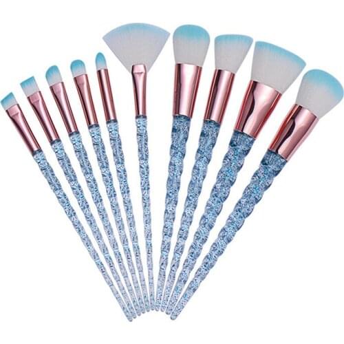 10Pcs/Set Blue Makeup Brush Set Crystal Handle Blending Blush Eyeshadow Eyebrow Brush Women Beauty Glitter Cosmetic Brushes