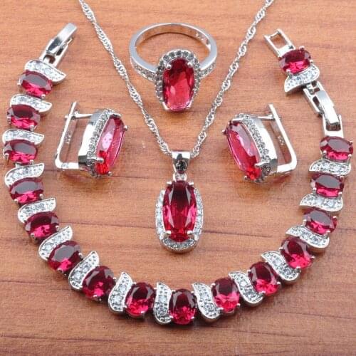 Womens Costume Jewelry Sets Rose Red Crystal Wedding Jewellry Silver Color Bridal Trinket Best Gift Js0170