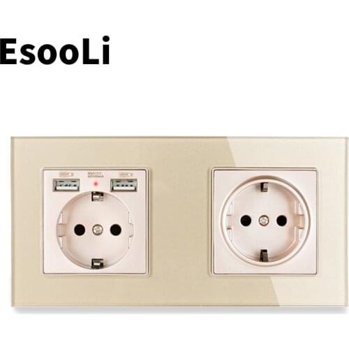Esooli Gold 2 Gang EU Standard Wall Socket luxury Crystal Glass Panel With 2 USB Charge Port Hidden Soft LED Indicator