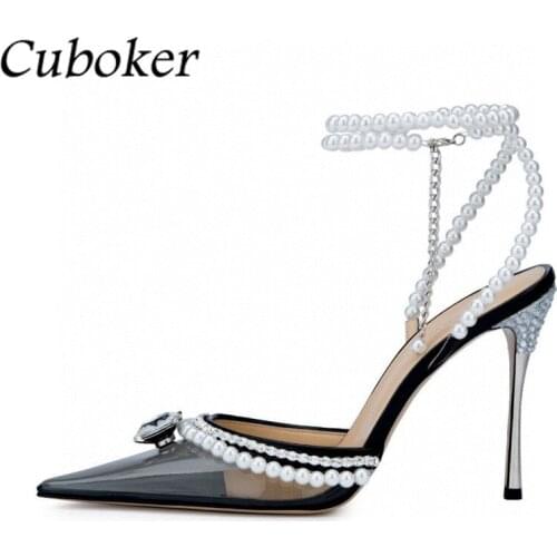 Crystal Women High Heel Sandals Pointed Toe Pvc Slides Diamonds Pearl Decor Slingback Ankle Straps Brand Runway Shoes Woman