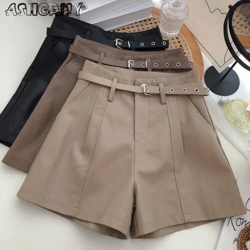 PU Leather Shorts Women High Waist Shorts Sashes 2021 Wide Leg Soild Basic Bottoms Casual Streetwear Trousers Clothes