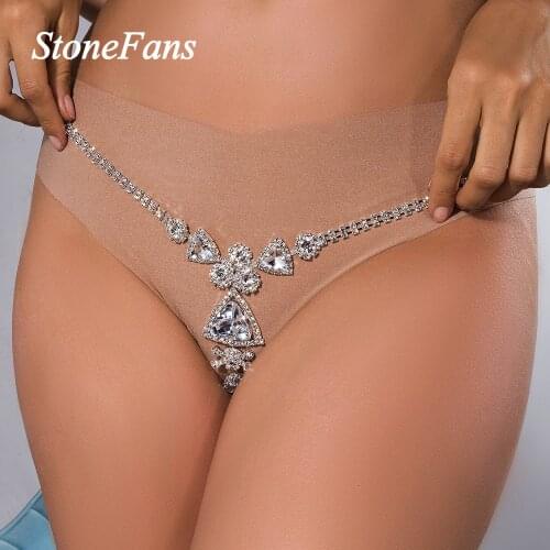 Stonefans Sexy Rhinestone Chain Thong Bikini Underwear Jewelry for Women Cute Crystal Triangle Panties Belly Waist Body Chain