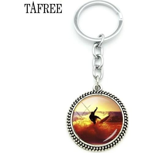 TAFREE Simple Beach Seaside Surf Sport Key Chain Sunset Surf Pendant Keychain Swimming Sea KeyRing Jewelry Men Gift Jewelry SF43