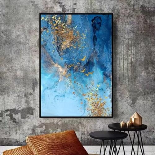 Wall Art Abstract Luxury Golden Blue Ocean Posters Prints Seawater Picture Nordic Canvas Paintings for Living Bedroom Decoration