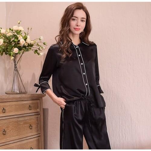 Genuine Silk Womens Pajamas 100% Silk Sleepwear Female High Quality Sexy Black Pyjama Pants Two-Piece Sets T8148