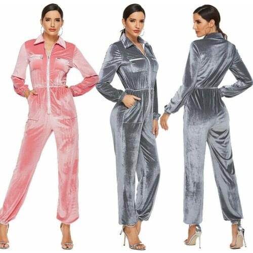 Womens Long Zipper Jumpsuits Ladies Sexy Long Sleeve Pocket Rompers Party