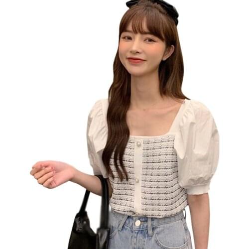 Women Sweet T Shirts Summer Plaid Puff Sleeve Splicing Tops Female Slim Knitted Short Sleeve Tee Female Crop Top Ladies Shirt