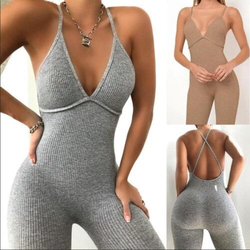 Summer Casual Sport Fitness Streetwear Female Jumpsuit Sexy V Neck Backless Skinny Elastic Jumpsuit Women Yoga Outfit
