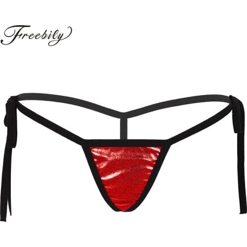 Womens Shiny Metallic Erotic Lingerie Underwear Sexy Low Rise Tie-Side T-Back Mini Micro G-String Thong Bikini Briefs Underwear