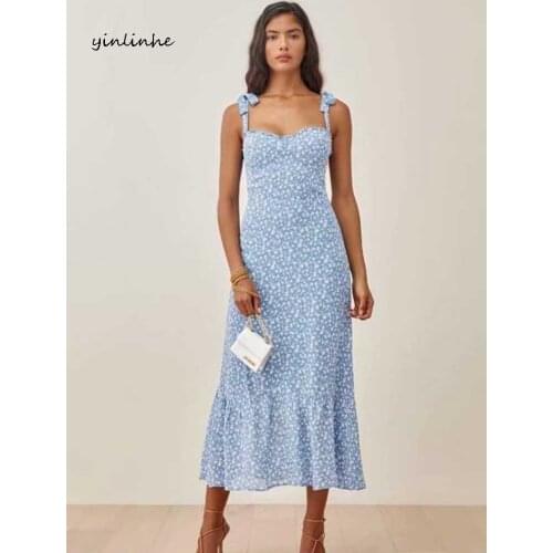Yinlinhe Blue Floral Tied Long Dress Women Backless Elastic Summer Dress High Waist Slim Vintage Dress Ruffles French Style 2068