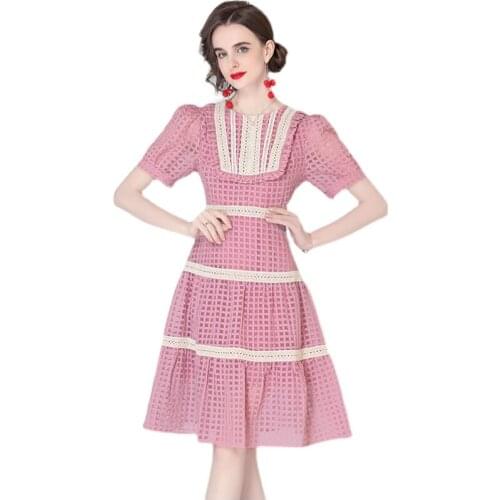 2021 New Summer Women Sweet Pink Dress High Quality Designer Fashion Patchwork Plaid Vintage Runway Dress