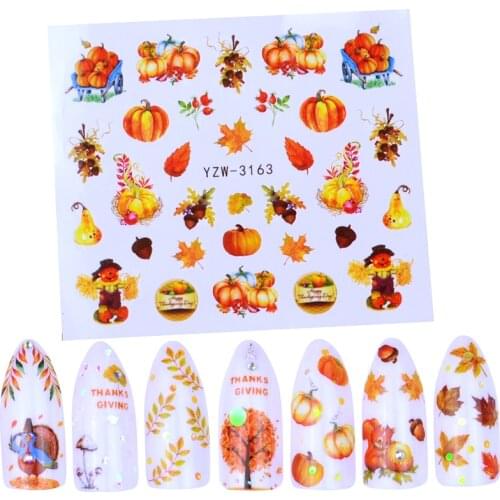 1 Sheet Nail Stickers Maple Leaf Pumpkin Water Decal Yellow Leaves Autumn Pattern Sticker Nail Art Decoration Watermark Tattoos