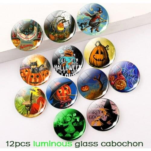 12Pcs Glow In The Dark Halloween Theme Glass Cabochon Pumpkin Lantern Skull Halloween Jewelry Making Supplies 12,16,20,25,30Mm