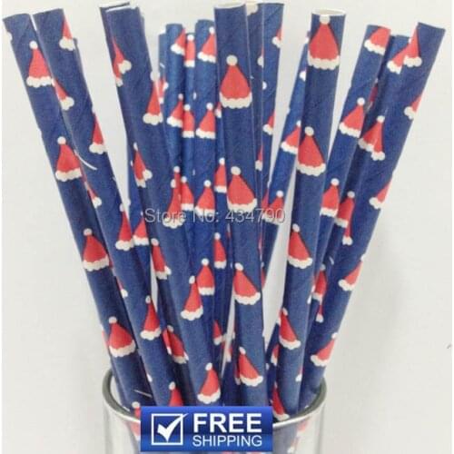 200pcs Dark Blue Paper Drinking Straws Red Christmas Cap Printed,decorations // candy dessert buffet table //party decor