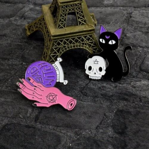 2019 Crystal ball witch hands cartoon animal black cat skull head brooch enamel pins button sweater coat badge Jewelry gifts